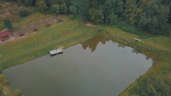 Groom with Bride Near Lake in the Park. Wedding Couple. Aerial Shot