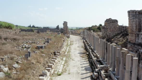 Drone Video of a Street with Columns of an Old Historic Ancient City