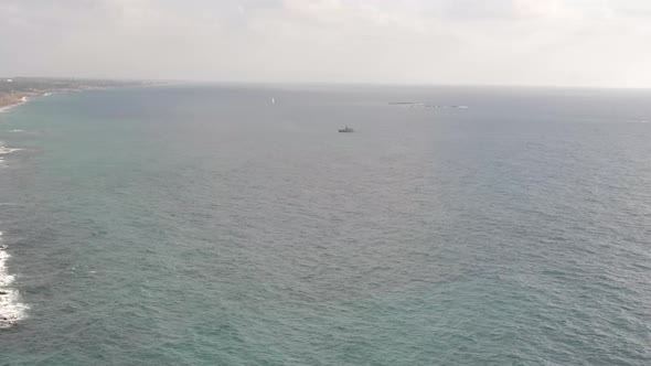 Panoramic view from cliffs at Rosh Hanikra to open sea and costline