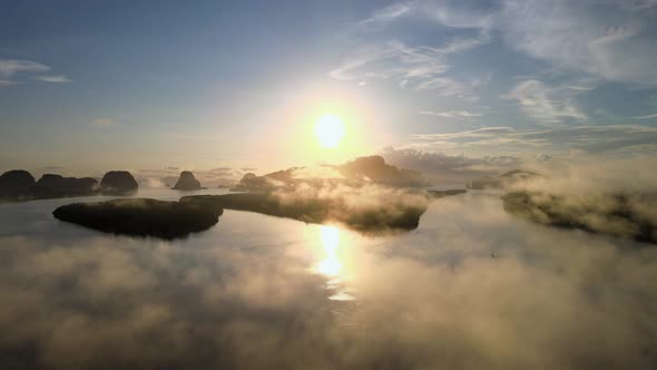 Aerial view in perspective of sunset sunrise. Over river and misty cloud in river mountain and sky