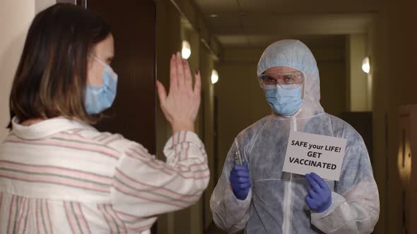 Doctor with Inscription Text Visiting Woman Patient at Home Offering Vaccination Against Coronavirus