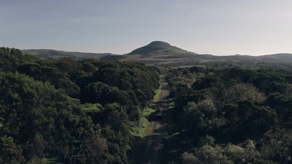 4 wheel drive vehicle driving through forest scenery in Aberdare National Park, Kenya, Africa. Aeria