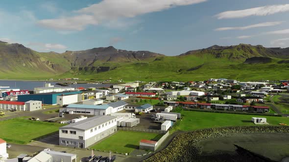 Aerial View of Beautiful Grundar Fjord in Summer Season Iceland