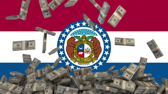 US Dollars falling in front of Missouri State Flag