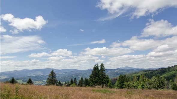 Clouds Moving in Opposite Directions over Forest and Mountains