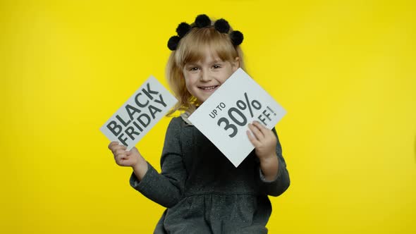 Child Girl Showing Black Friday and Up To 30 Percent Off Advertisement Banners. Low Prices, Shopping