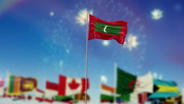 Maldives Flag With World Globe Flags And Fireworks alt