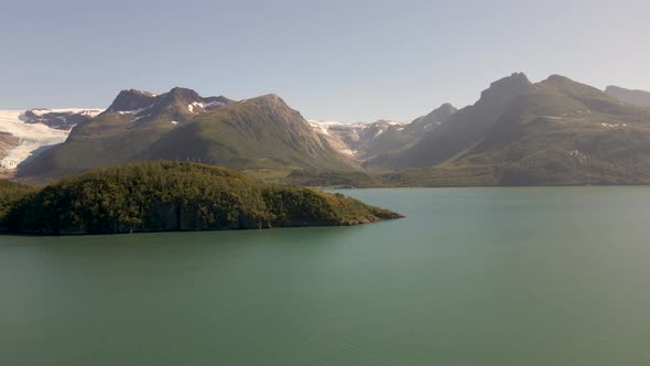 aerial view of Svartisen National Park. Blackice glacier in Helgeland district. shot of sea and moun