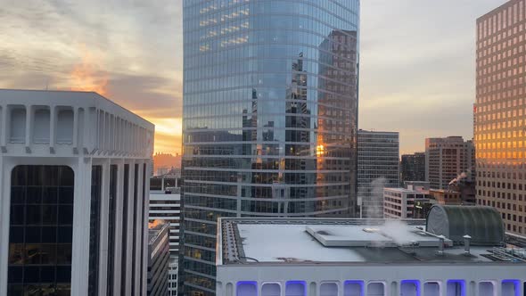 Landscape view of high rise glass skyscrapers in Downtown Vancouver, Canada, at sunset