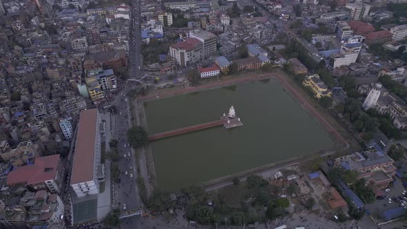 Aerial view looking down at Rani Pokhari in Kathmandu Nepal