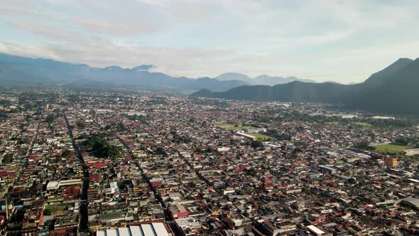 Aerial view of the town of Orizaba and its mountains and churches