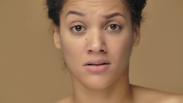 Beauty Portrait of Young African American Woman Upset Says No and Negatively Shakes Her Head