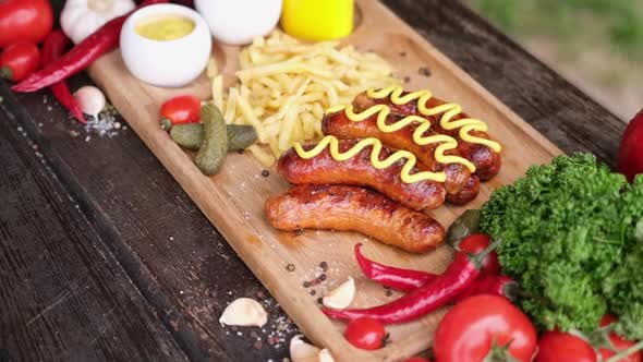 Closeup View of Tasty Grilled Sausages on Wooden Serving Board with French Fries and Sauces
