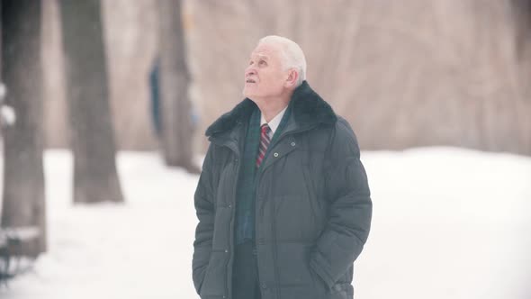 An Old Man Veteran with Grey Rare Hair Walking in the Snowy Park While Snowfall