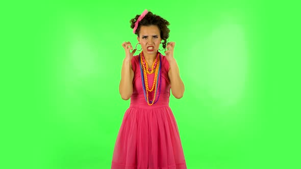 Annoyed Woman Gesturing in Stress Expressing Irritation and Anger. Green Screen