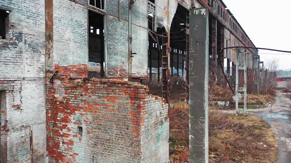 Abandoned industrial building. Ruins of an old factory. Aerial view