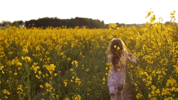 Girl Running Cross The Field At Sunset.