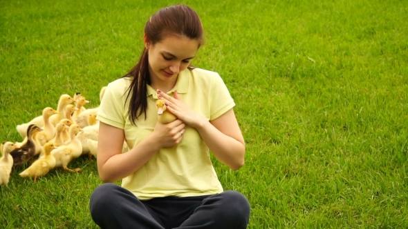 Footage Woman Holding a Little Duck In Hand And Sitting On Green Grass