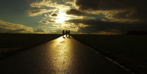 People Silhouette on Road in Field Nature in Sunset Landscape 5