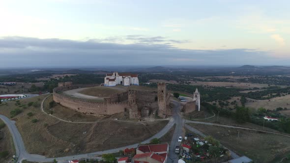 Arraiolos village drone aerial view at sunset in Alentejo, Portugal