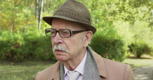 Portrait of Thoughtful Old Grandfather Looks Sadly Into Camera in Sunny Park