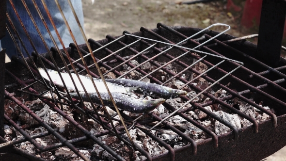 Man Puts Sardines On Grill