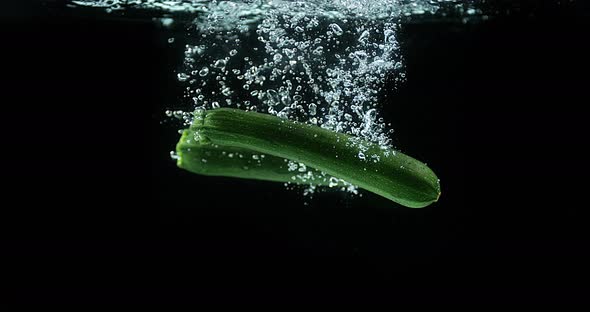 Long Courgette or Zucchini, cucurbita pepo, Vegetable falling into Water against black background