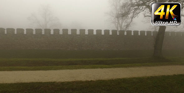 Old Historical Ancient Castle Walls and Forest in Misty Foggy Day 12