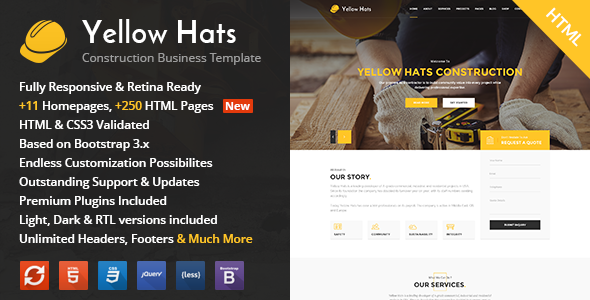 Żółte kapelusze - szablon HTML dotyczący budowy, budownictwa i renowacji