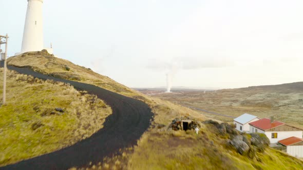 Smoke Coming From The Geyser And Geothermal Plant In Reykjanes Peninsula, Iceland. aerial