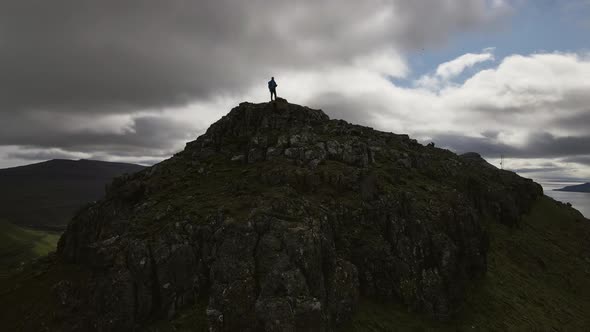 Drone To Klakkur Mountain With Lone Hiker