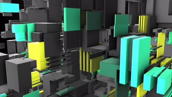 Abstract 3D rendering of cubes and electronic shapes.