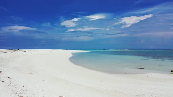 Aerial drone shot texture of relaxing shore beach journey by transparent lagoon and white sandy back