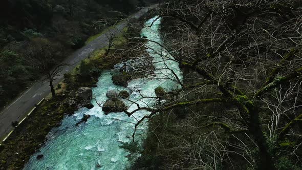 Picturesque Mountain River Flowing in a Gorge Among Picturesque Rocks