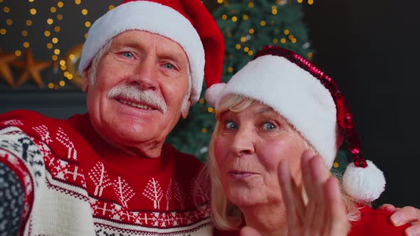 Mature Family Taking Selfie on Mobile Phone Communicating Video Call Online Celebrating Christmas