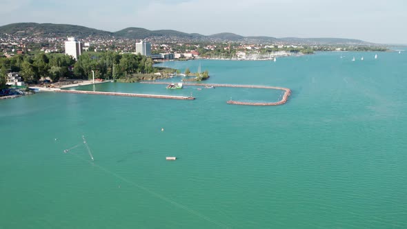 Aerial View of Lake Balaton in Hungary Coast of Balatonfured Sunny Day