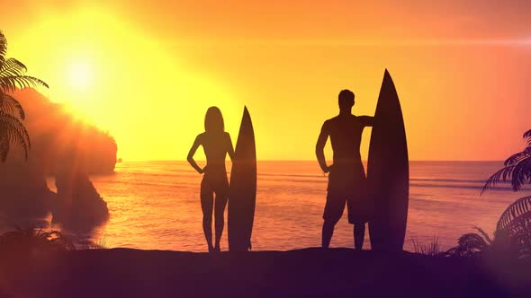 Surfers On The Beach At Sunset HD