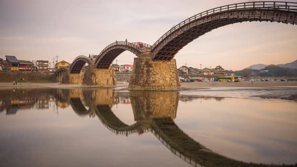 Iwakuni, Yamaguchi, Japan at Kintaikyo Bridge over the Nishiki River