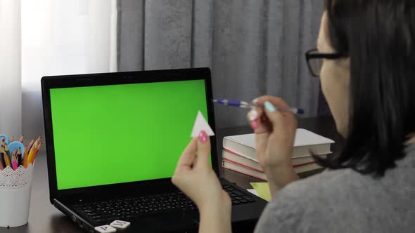 Woman Teacher Making Online Distance Education Video Call on Laptop Green Screen