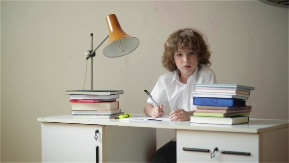 Small Boy Studying Or Doing Home Work, Schoolboy Studying With Notebook And Books On Table