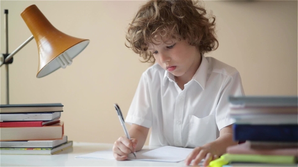 Cute Boy Doing Homework. Child Education, Student Writes In a Notebook