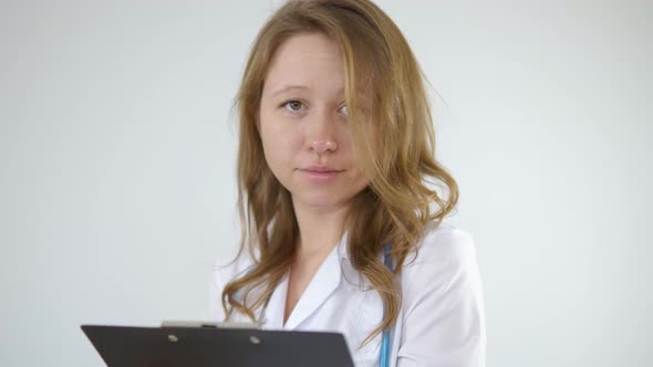 A doctor in a medical gown fills out paperwork on a tablet