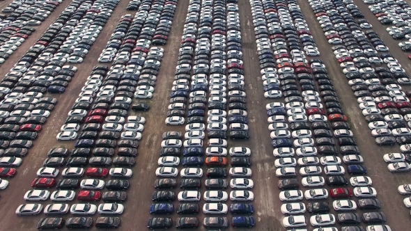 Aerial View Of Storage Parking With New Unsold Cars