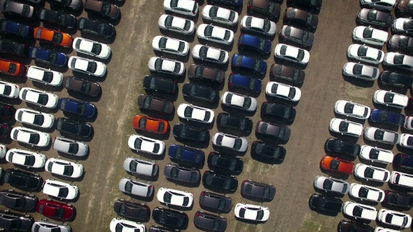 Aerial View Of Storage Parking With New Unsold Cars