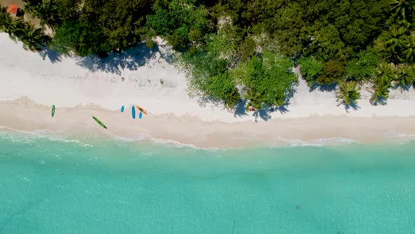 aerial top down of kayaks and surf boards on White beach, Panglao island, Bohol, Visayas, Philippine
