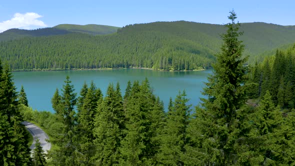 Mountain lake with turquoise water and green trees