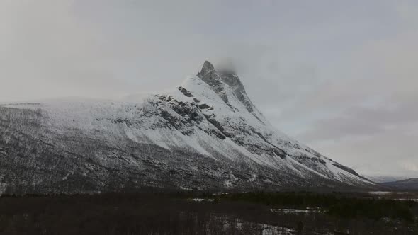 Slowly fllying above the forest away from the snow covered Otertinden mountain in northern Norway. S