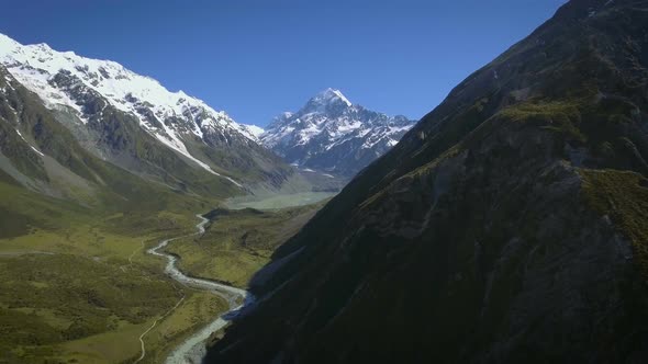 Mt Cook, New Zealand - Aerial view by drone flying over Hooker valley track