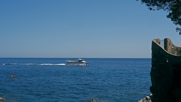 Sea View Landscape From Top Of Island Lloret Del Mar, Spain. Yacht Boat In Sea Landscape