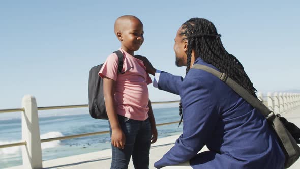 Video of happy african american father and son talking by sea